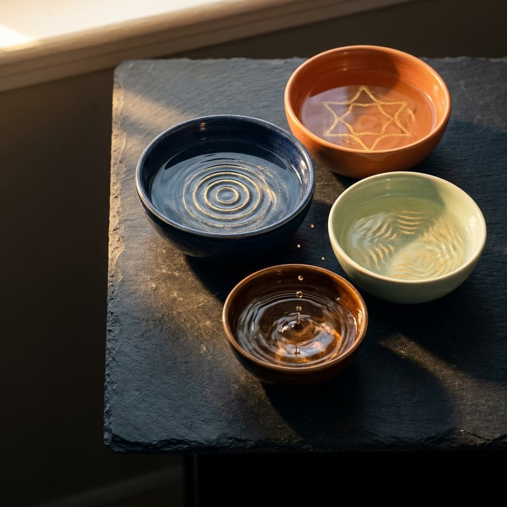 Ceramic singing bowls on dark stone with unique cymatics water patterns illuminated by golden light